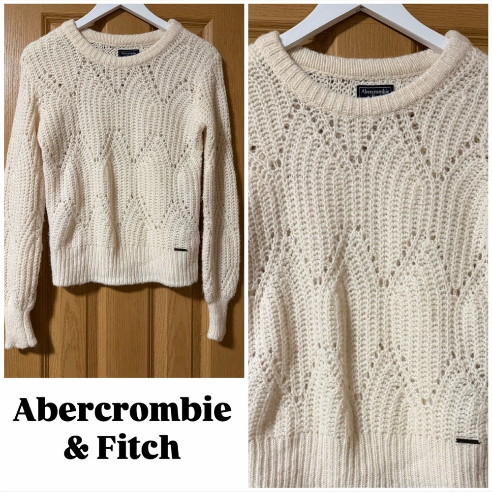 Abercrombie & Fitch women's ivory/cream alpaca blend open-knit crewneck sweater